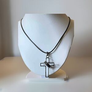 Necklace Metal Cross Ring Pendant On New Black Vinyl Cord 17” W/2” Extension